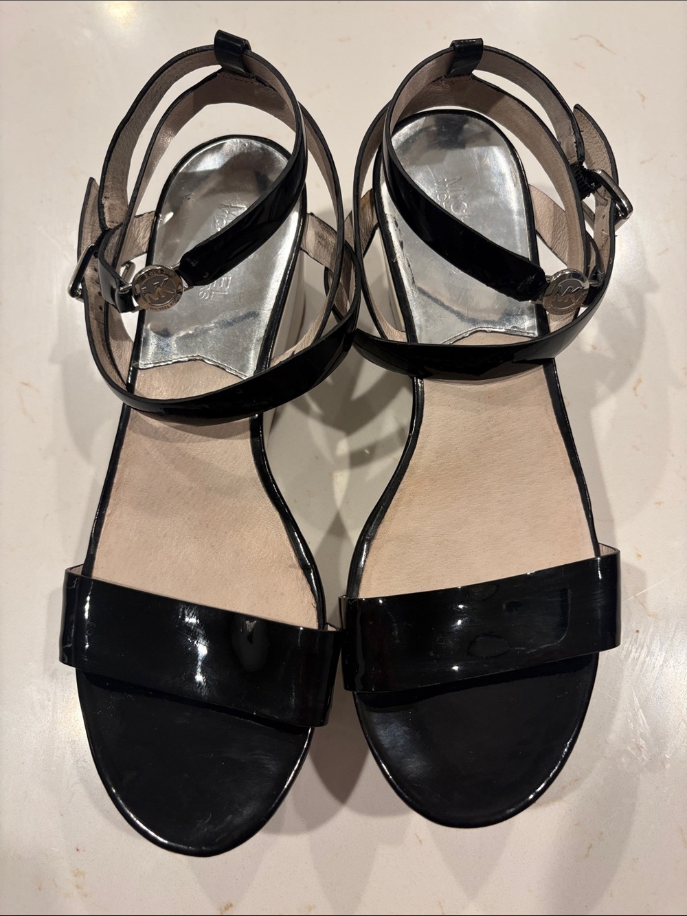 Michael Kors Black Patent Leather Strappy Sandals with Logo Charm